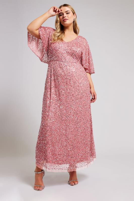 Plus Size  LUXE Curve Pink Hand Embellished Angel Sleeve Maxi Dress