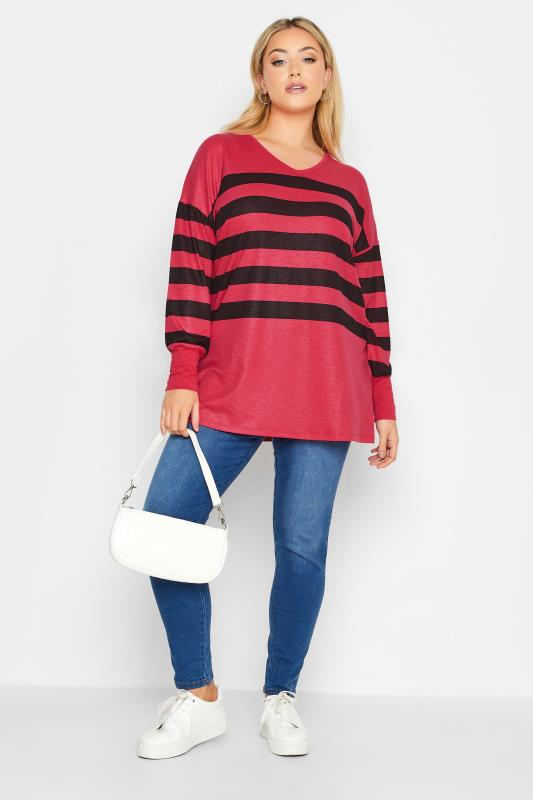 YOURS LUXURY Curve Pink Stripe V-Neck Top | Yours Clothing 2