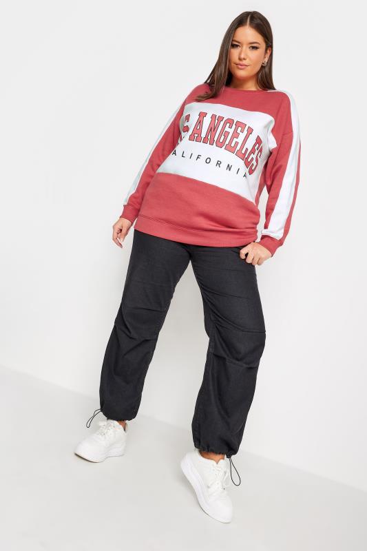 YOURS Curve Red 'Los Angeles' Slogan Varsity Sweatshirt | Yours Clothing