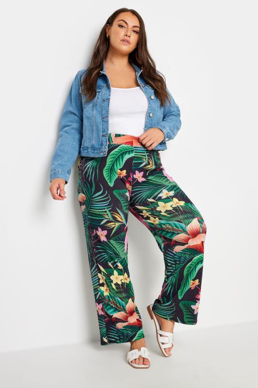 YOURS Plus Size Green Tropical Print Wide Leg Trousers | Yours Clothing 2
