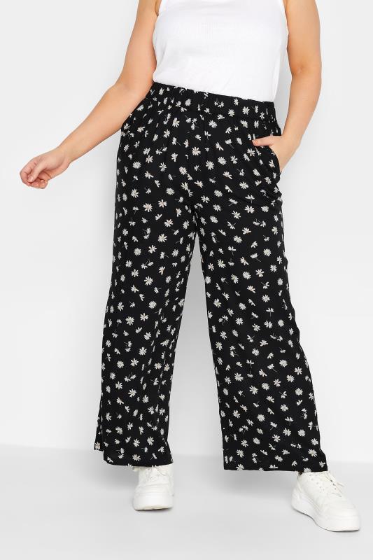 YOURS Plus Size Black Floral Daisy Print Wide Leg Trousers | Yours Clothing 1