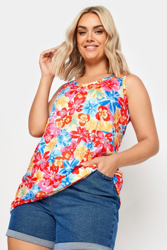 YOURS Plus Size Pink & Blue Floral Print Vest Top | Yours Clothing 1