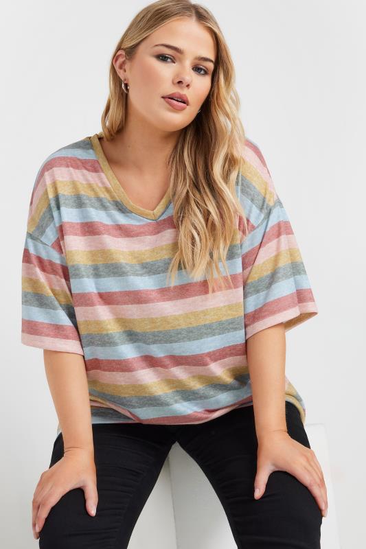 YOURS Plus Size Pink Striped V-Neck T-Shirt | Yours Clothing 4