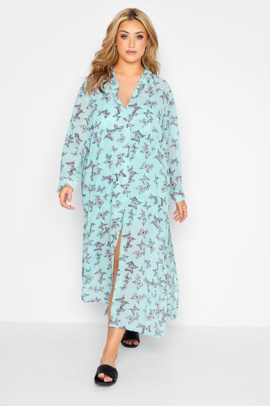 Plus Size Blue Butterfly Print Longline Beach Shirt | Yours Clothing 1