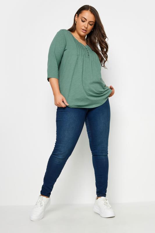 YOURS Plus Size Green Pintuck Henley T-Shirt | Yours Clothing 2