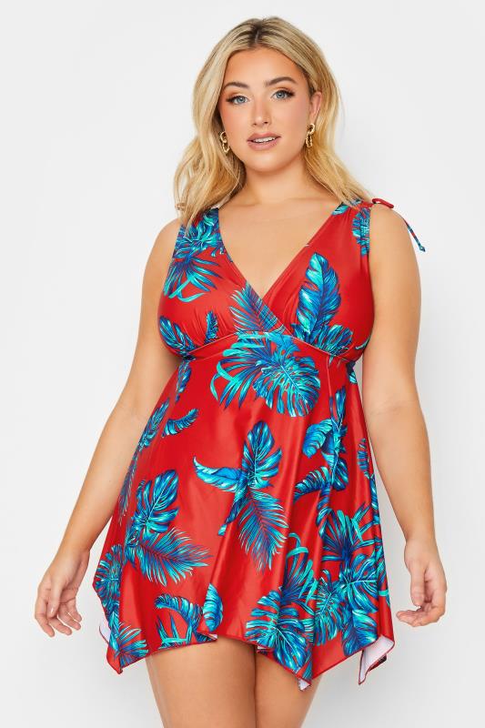 YOURS Plus Size Curve Red Palm Leaf Plunge Tummy Control Swim Dress | Yours Clothing  1