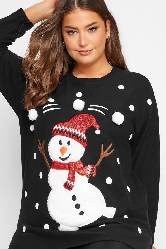  YOURS LUXURY Curve Black Snowman Christmas Soft Touch Top