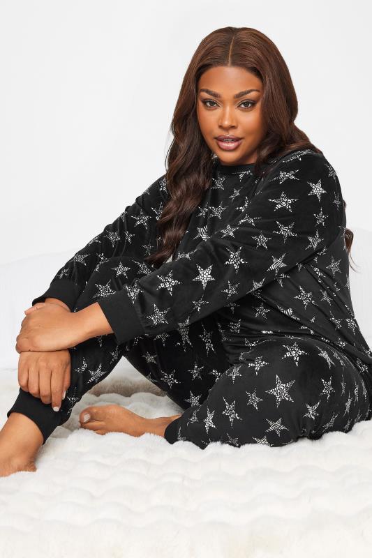 YOURS Plus Size Black Animal Print Star Velour Lounge Set | Yours Clothing 4