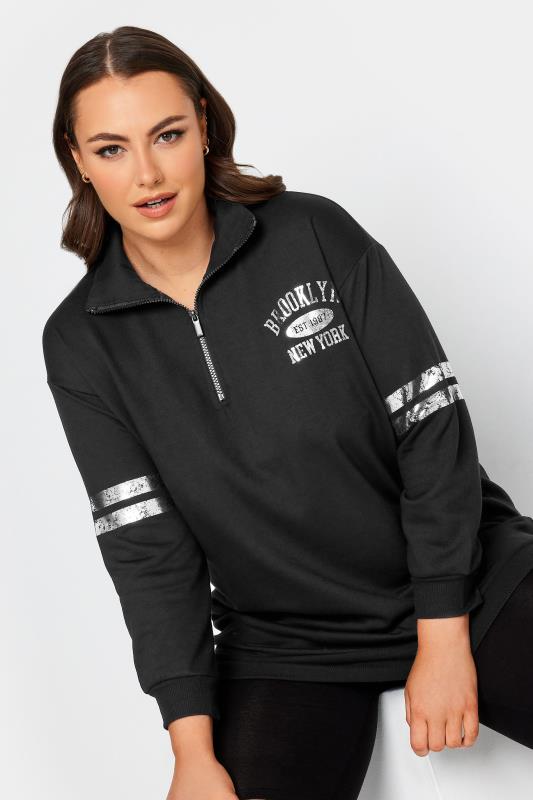 YOURS Plus Size Black 'Brooklyn' Varsity Half Zip Sweatshirt | Yours Clothing 1