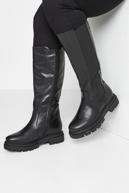 Grande Taille LIMITED COLLECTION Black Elasticated Knee High Cleated Boots In Wide E Fit & Extra Wide EEE Fit