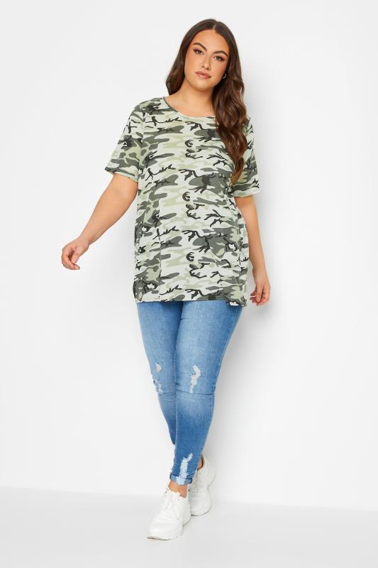 YOURS Plus Size Khaki Green Camo Print Oversized T-Shirt | Yours Clothing 2