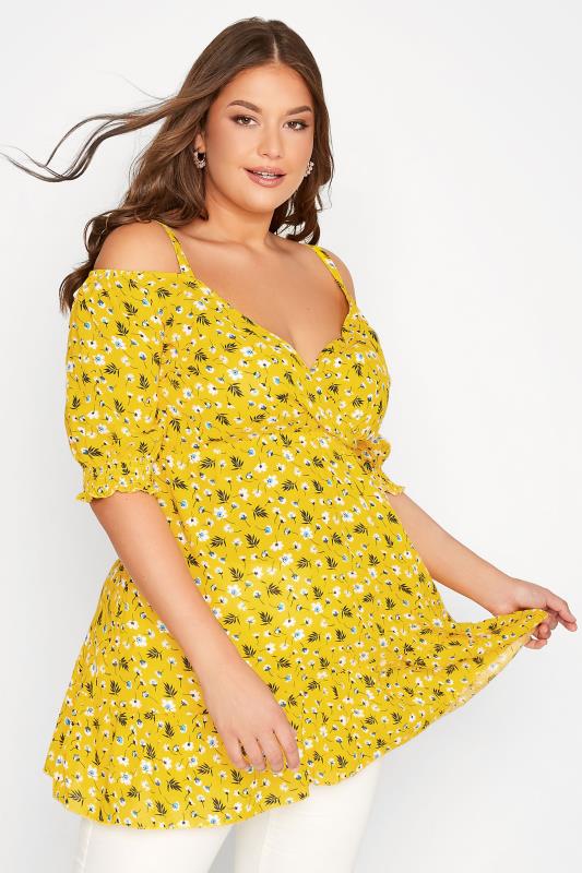 Plus Size Yellow Floral Cold Shoulder Top | Yours Clothing 1