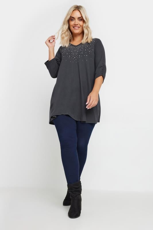 YOURS Plus Size Charcoal Grey Diamante Stud Swing Top | Yours Clothing  2