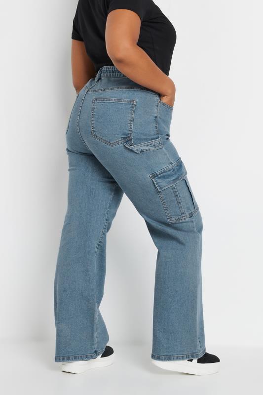 YOURS Plus Size Mid Blue Wide Leg Cargo Jeans | Yours Clothing  3