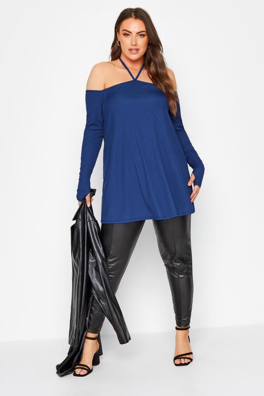 LIMITED COLLECTION Plus Size Blue Tie Neck Cold Shoulder Top | Yours Clothing 5