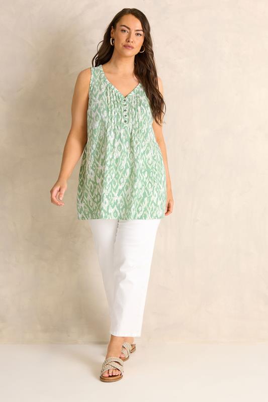 EVANS Plus Size Green Ikat Print Sleeveless Henley Top | Evans 2