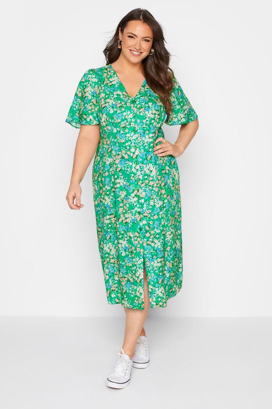 YOURS LONDON Plus Size Green Floral Print Button Through Tea Dress | Yours Clothing  2