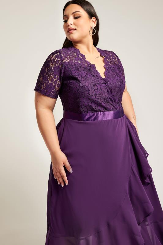 YOURS LONDON Plus Size Purple Lace Wrap Ruffle Midi Dress | Yours Clothing 3