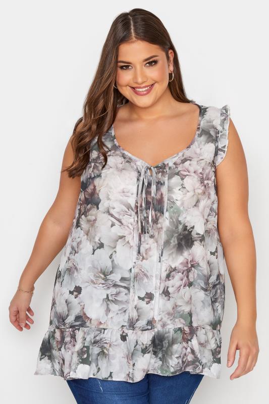 Plus Size  Curve Grey Floral Pintuck Smock Top
