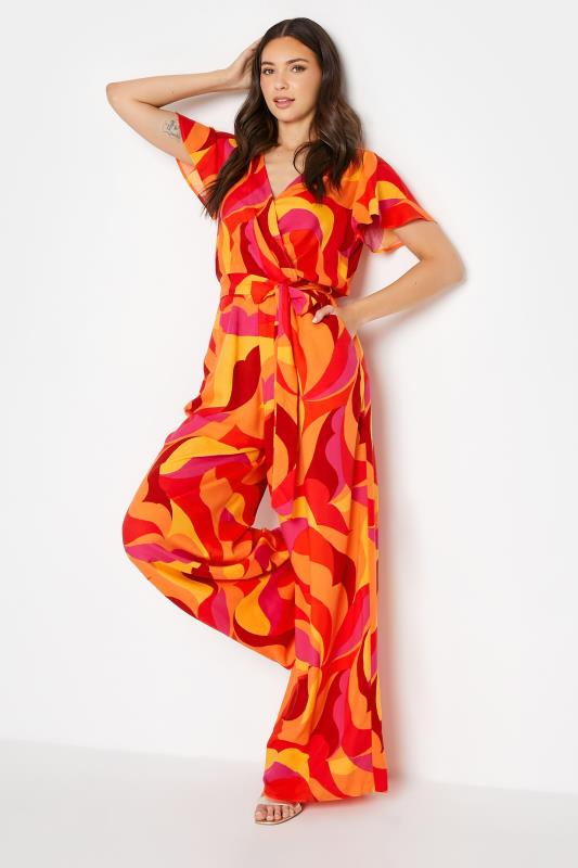 LTS Tall Bright Orange Swirl Print Wrap Jumpsuit 2