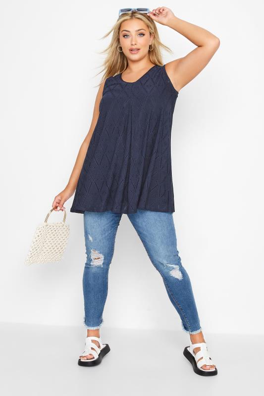 Curve Navy Blue Broderie Anglaise Swing Vest Top 2