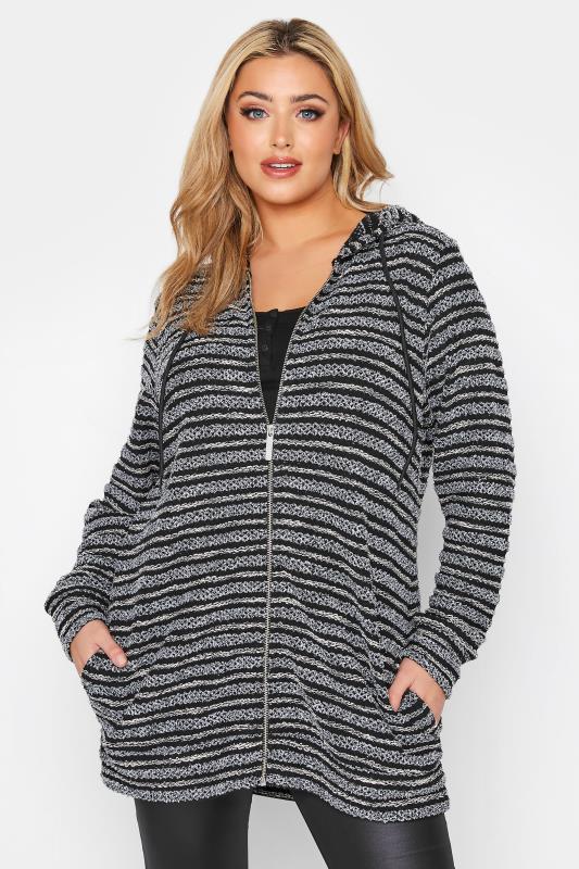 Plus Size  Curve Black Stripe Zip Through Knitted Cardigan