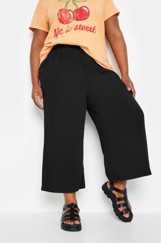YOURS Plus Size Black Wide Leg Cropped Trousers | Yours Clothing 1