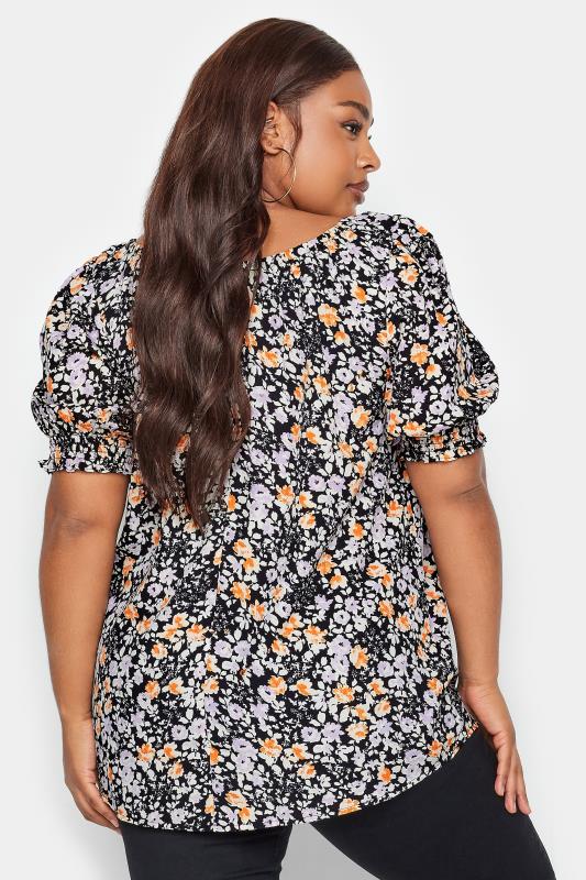 YOURS Plus Size Black & Orange Floral Print Tie Front Top | Yours Clothing 3