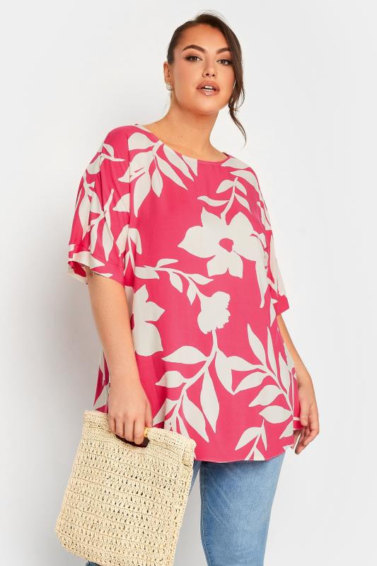 YOURS Curve Plus Size Hot Pink Floral Top | Yours Clothing  1
