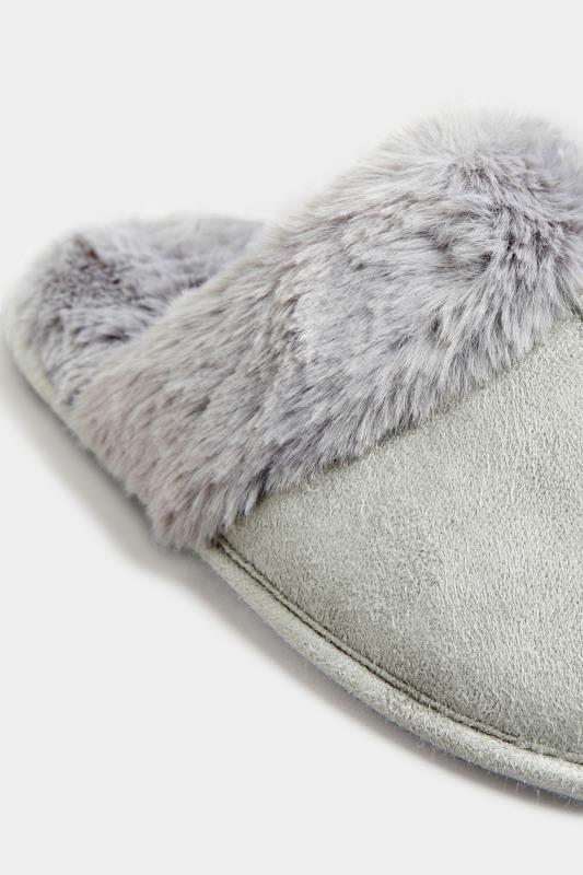 LTS Grey Fur Cuff Mule Slippers In Standard Fit | Long Tall Sally 6