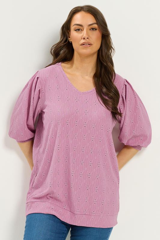 YOURS Plus Size Pink Broderie Anglaise Balloon Sleeve Top | Yours Clothing 1