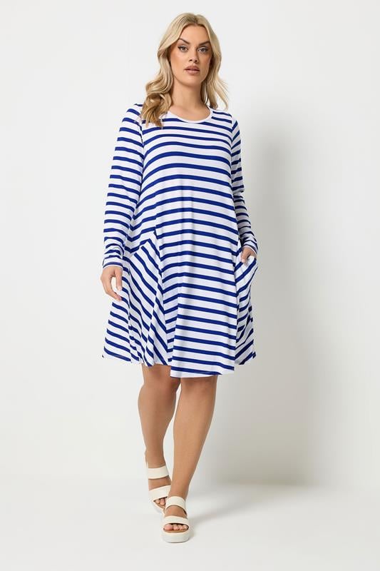  YOURS blauw gestreepte gedrapeerde jurk met zakken