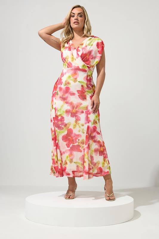 YOURS LONDON Plus Size White Floral Mesh Godet Hem Wrap Dress | Yours Clothing 1