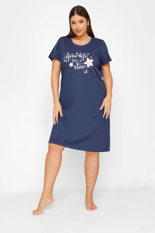 YOURS Plus Size Navy Blue 'Sparkle Like A Star' Slogan Nightdress | Yours Clothing 2