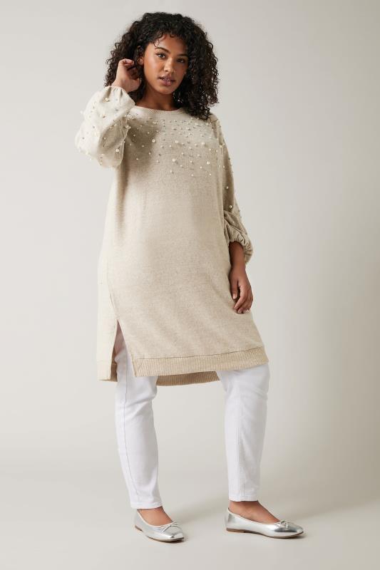 EVANS Plus Size Natural Brown Pearl Embellished Jumper Dress | Evans 2