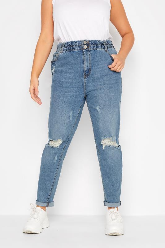  YOURS Curve Blue Ripped Elasticated Stretch MOM Jeans