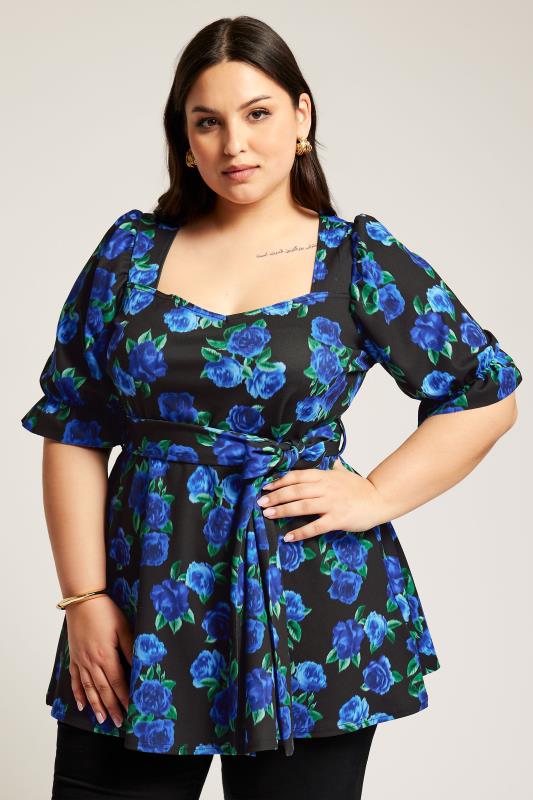 YOURS LONDON Plus Size Black & Blue Floral Print Peplum Top | Yours Clothing 1