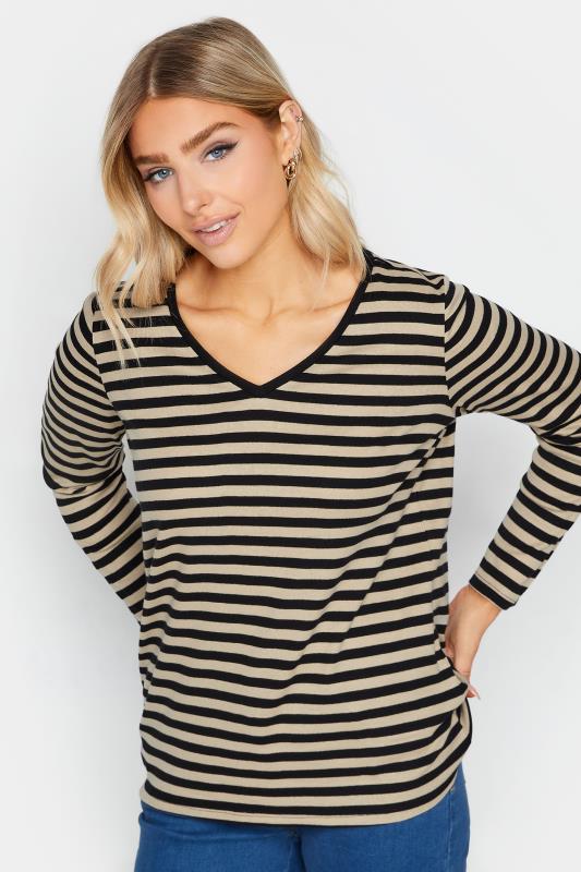 M&Co Beige Brown Stripe V-Neck Cotton Long Sleeve T-Shirt | M&Co 2