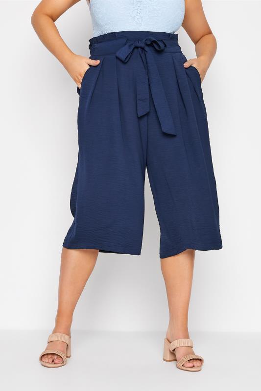 Plus Size Navy Blue Paperbag Twill Culottes | Yours Clothing  1