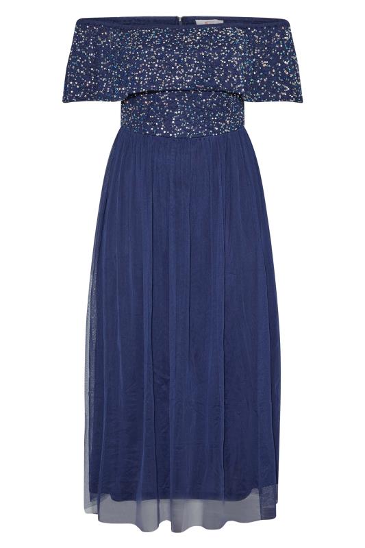 LUXE Plus Size Blue Bardot Hand Embellished Maxi Dress | Yours Clothing 6