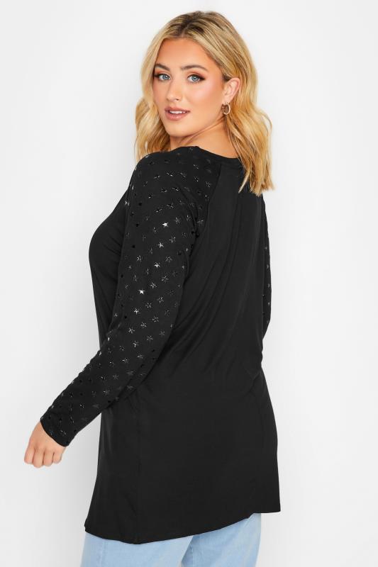 Plus Size Black Long Sleeve Star Print Top | Yours Clothing 3
