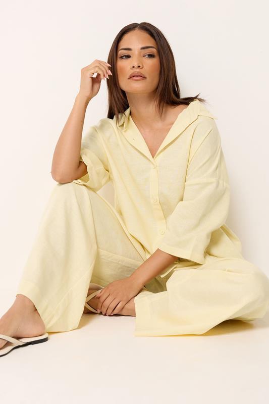 PixieGirl Petite Women's Set Yellow Linen Shirt & Wide Leg Trousers | PixieGirl 1
