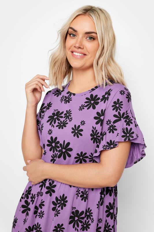 YOURS Plus Size Purple Daisy Print Frill Sleeve Smock Tunic Dress | Yours Clothing 4