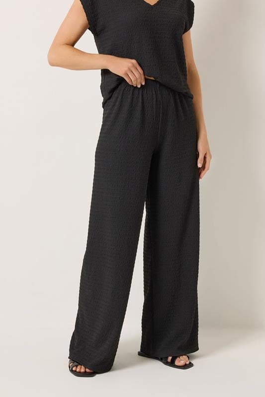 LTS Tall Women's Black Textured Elasticated Wide Leg Trousers | Long Tall Sally 1