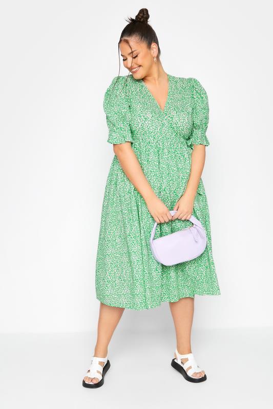 LIMITED COLLECTION Plus Size Women's Green Ditsy Wrap Dress | Yours Clothing 1