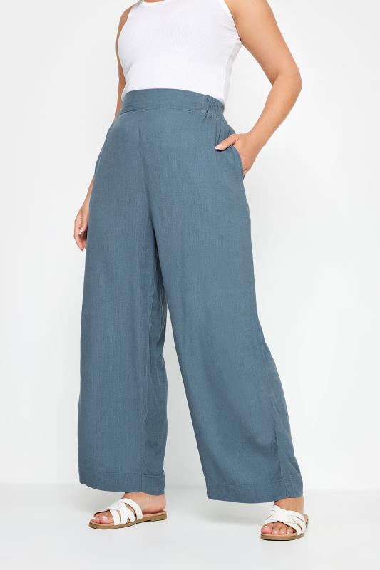  Grande Taille YOURS Curve Blue Pull On Wide Leg Linen Trousers
