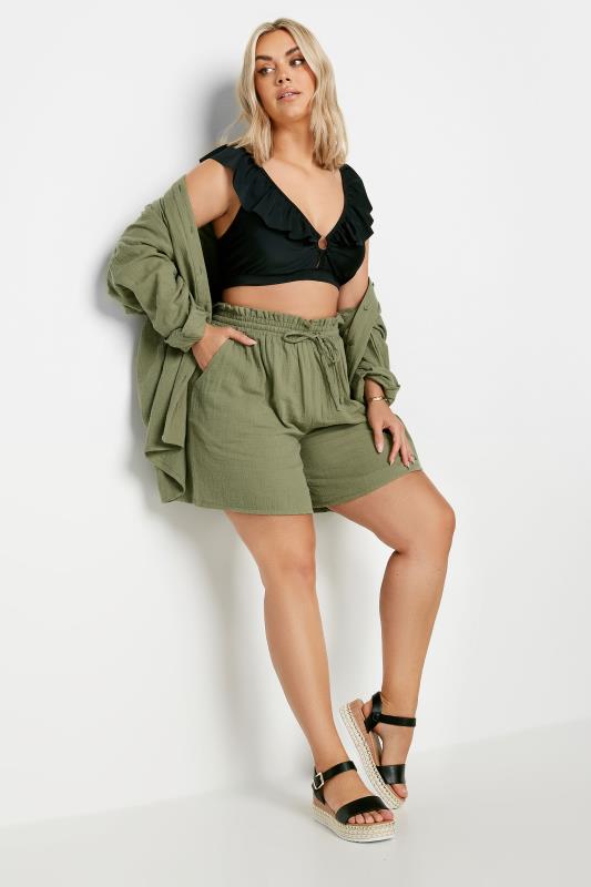 YOURS Plus Size Khaki Green Cheesecloth Shorts | Yours Clothing 2
