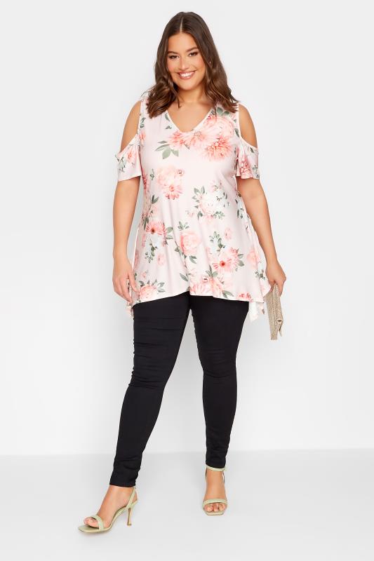 YOURS LONDON Plus Size Light Pink Floral Print Cold Shoulder Top | Yours Clothing 2