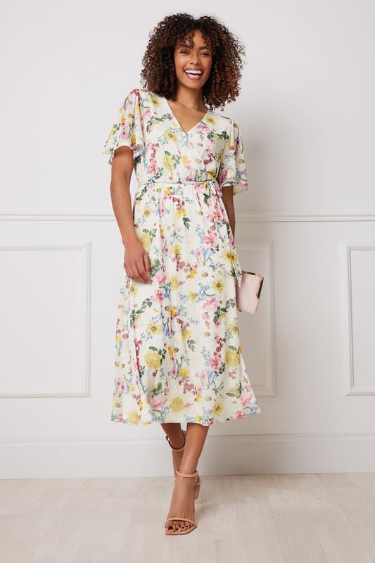 M&Co Ivory White Floral Print Wrap Midi Dress | M&Co 1