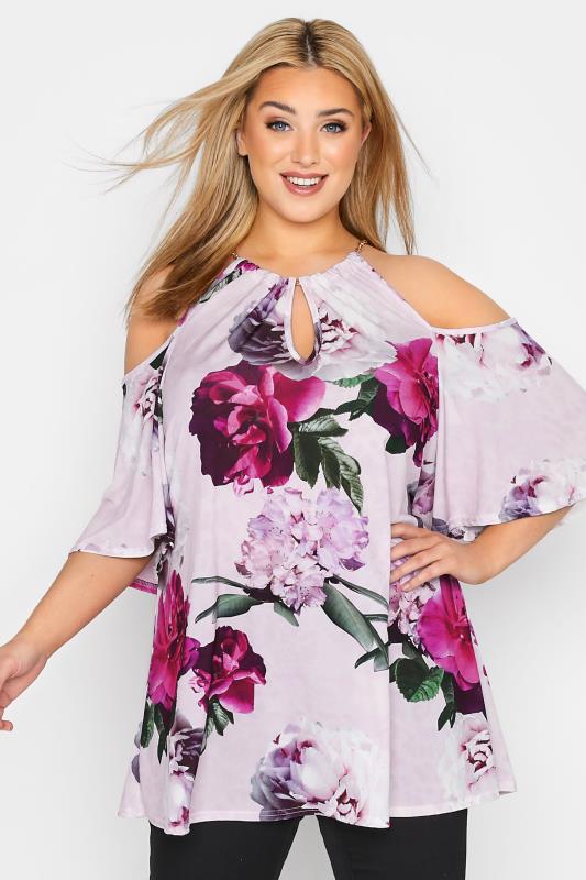  dla puszystych YOURS LONDON Curve Pink Floral Chain Neckline Cold Shoulder Top